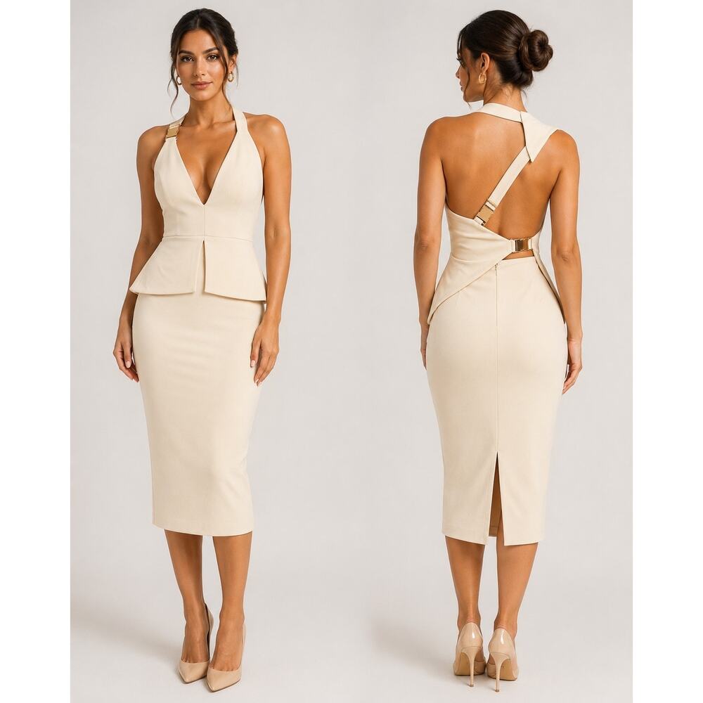 NWT ASOS Size US 4 Cream/Beige/Nude Buckle Strap Peplum Midi Dress